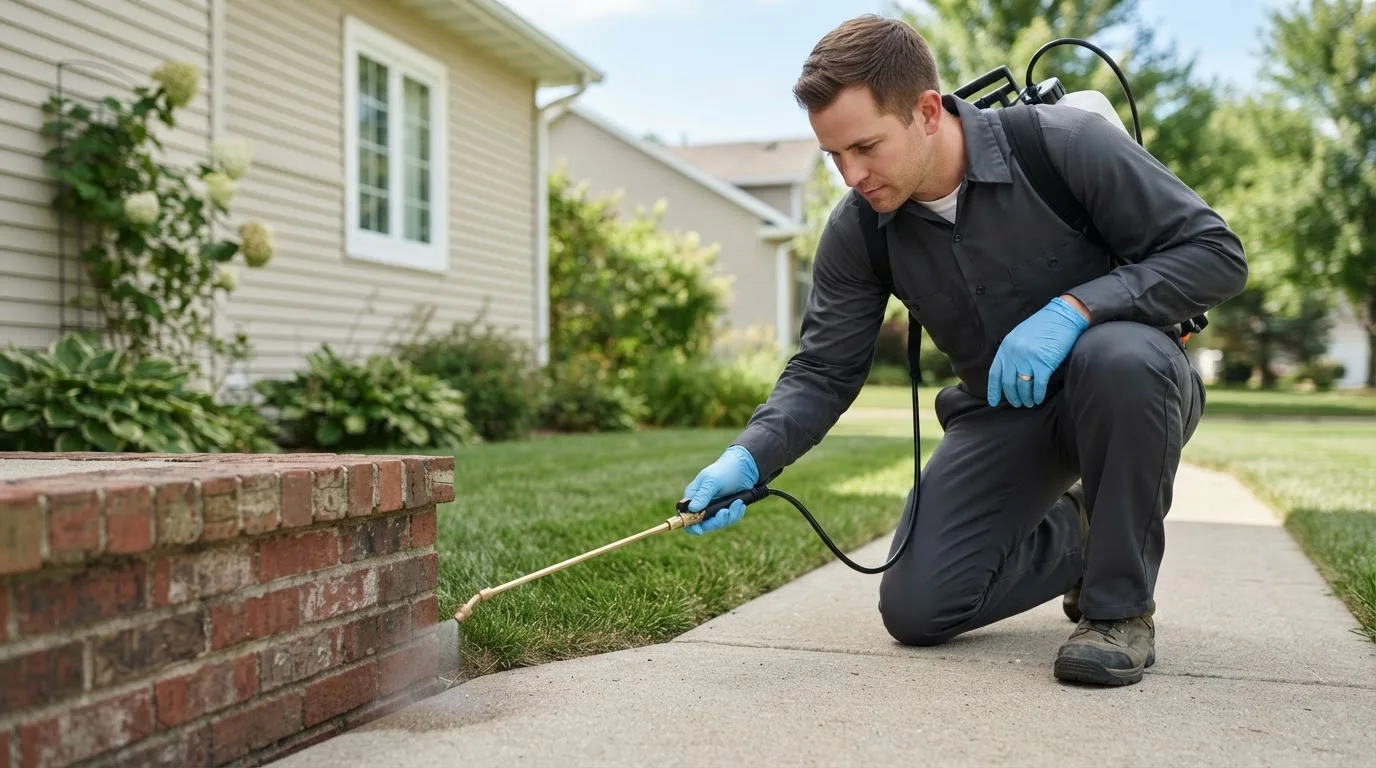 Pest control technician treating a home near Eugene, MO