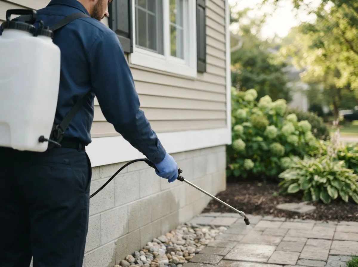 Pest control technician inspecting a home in Eugene, MO